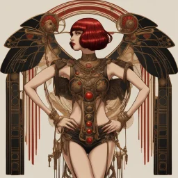 Full body, art nouveau woman with a bob with a fringe hairstyle, Cleopatra clothing, steampunk metal butterfly wings, red markings, black background