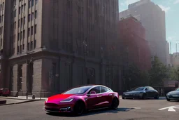A Tesla 'Model S' is going at a high speed, near the building of the 'Friends' series in New York. (CINEMATIC, WIDE ANGLE LENS, PHOTO REAL)