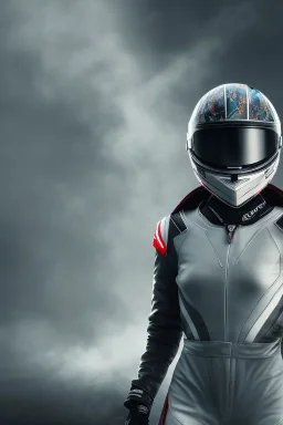 Black racing suit AnnaSophia Robb, portrait, bright white eyes, wearing high tech racing helmet, white smoke, dark, rage, sorrow, high definition, ultra 8 k, volumetric lighting, blue fire, fog