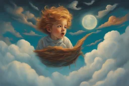 A child having a nightmare floating on a cloud painted by Poul Anker Bech concept art, mid shot, intricately detailed, color depth, dramatic, 2/3 face angle, side light, colorful background