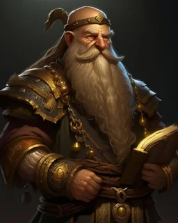 Stout dwarf merchant with thick braided brown beard adorned with gold beads. Sharp eyes, robust build. Quality merchant clothes. Carrying merchant ledger and gem samples. Battle axe on back. Medieval fantasy style, warm lighting.