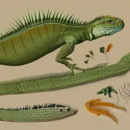 technical illustration of an iguana, botanical illustration, scientific illustration, highly detailed, marginalia