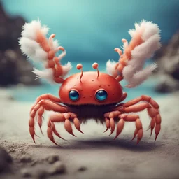 Fantasy Coastal Eyeless Creatures Oddly Turned Into Dangerous Viruses based on crabs with fluffy wings, funny legs, simple cute appearance, photo