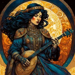 create an ethereal, darkly magical illustration of an epic female Andalusian guitarist, with highly detailed and deeply cut facial features, in the style of GUSTAV KLIMT and ALPHONSE MUCHA combined with the comic art style of BILL SIENKIEWICZ and JEAN GIRAUD MOEBIUS, searing lines and forceful strokes, precisely drawn, inked, and darkly colored