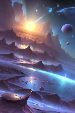 paesaggio surreale con astronave madre cielo azzurro, galassie e pianeti,