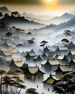 A gray village covered in mist designed in Javanese shadow puppets painted by Edward Hicks