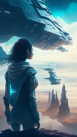 woman looking down on an sci-fi landscape with spaceship, detailed matte painting, fantastical