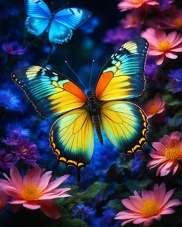 bioluminescent creatures are also common in surreal artwork, creating an eerie and dreamlike atmosphere. The butterfly in this image is made of huge petals, creating a vibrant and colorful effect,wonderful gardens flowers background