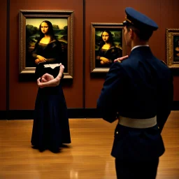 Mona Lisa comes out of the picture and kisses a young navy officer who is standing in the museum looking at her picture