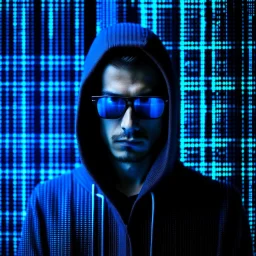 Cyber wizard using glasses with blue matrix backgroud