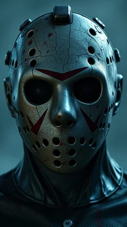a front view of the Friday 13 face movie , his face skin is a rusted broken metallic skin texture in a 3d rendering full-height image of a grim and dark scene. Ensure the final images exhibit the utmost quality, encompassing 4K, 8K, and 64K resolutions, with 3D rendering that manifests in photorealistic, hyperrealistic, and highly detailed representations. Employ techniques such as HDR, UHD,