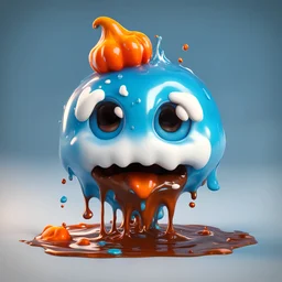 Pixar 3D animation style, ((A cute adorable melting marshmallow monster character)), whimsical character, fluid form, Pop Surrealism, jelly-like, Amorphic, shapeless mass, 3D animated sci-fi parody character, photorealistic CG, genetically modified (orange) bell pepper, covered in gooey dripping chocolate and a bubblegum blue Slimy goop, thick and glossy, topped with lots of rainbow sprinkles, colourful foam balls, cinema4D, redshift rendering