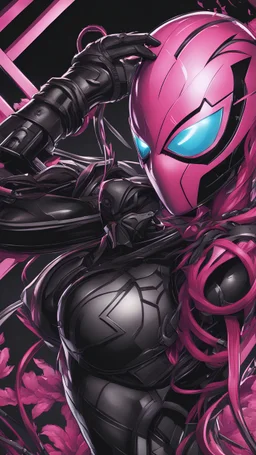 A close picture to Mix between gwenpool and symbiote, symbiote venom with transformers, high details machine, pink and black custom, intricate details, highly detailedin in solo leveling shadow art style