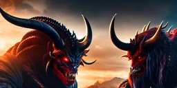 apocalypse, chaotic, magnificent, realistic, colorful, massive, epic, cinematic, 8k, HD, Ultra High Definition, photo film, film grain, hyper-detailed, Hell, Detailed human Anthropomorphic Demon, Horned Satan