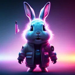 pixar style anamorphic cute cyberpunk rabbit baby, smiling, full body, magenta puffer jacket, manila city backdrop, hyper realistic, unreal engine 5, 16k,