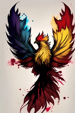 phenix rising from the ashes. canadian maple leaf on its chest. feathers to match the intersex progress flag colors.