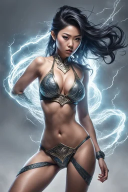 Fhoto full body, reality, Raw, Asian girl, hunter, super power magic storm, very angry, sexy killer, digital art, mini bikini, intricate details, powerful composition, captivating, trending on artstation, sharp focus, studio photo, intricate details, highly detailed, by addiedigi