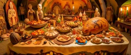 A tan carnival filled with food designed in cave paintings