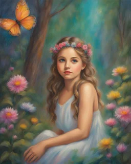 Oil pastel painting of a beautiful girl, fantasy, dream, forest, glitter background, beautiful, oil pastel painting, fantasy art, fairy, young girl, beautiful portrait painting, flowers, colorful, inspired by Thomas Kinkade, fine art, 8k