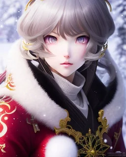 Detailed cute happy anime Kunoichi Christmas snow, Christmas colours, intricate details, full body portrait, keep head in frame, slight smile, black Japanese motif, concept art, highly detailed, digital painting, concept art, sharp focus, illustration, art by Yoji Shinkawa, WLOP and greg rutkowski and alphonse mucha and artgerm and yanjun Chen and Junji ito and Makoto Shinkai, HDR, octane render