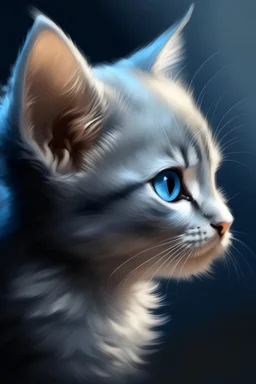 An illustration of grey kitten with bright blue eyes in a style of watercolor, profile view, golden hour, , realistic, high resolution, volumetric, chiaroscuro