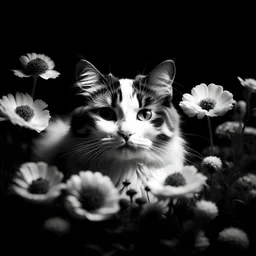colorless cat between seeds and big flowers black background .black and white