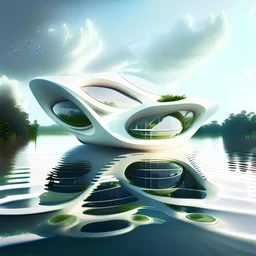 Floating house on the lakefront water plants futuristic style Zaha Hadid white ink art creamy glasses creative 8k