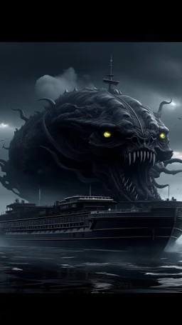 ,surrealism of the dark of a nightmare , hyper photorealistic, hyper detailed dark art color, high resolution, fog, octane render, tilt shift, HDRI Environment, all pictures dark gray, a torpedo hitting a ship and a giant mad creature in the sky behind the boat covering the whole background