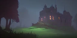 Ruined overgrown small castle in a forest, dynamic lighting, night