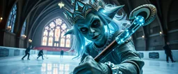 close up portrait of ice queen with magical aura hockey staff, pin hole cam, master oil painting by Rembrandt, d&d glam rock and glitter vampire gremlin illithid and lich playing hockey in ice skating hall or church, in the style of giger and escher, sci fi with floating little saucers