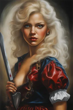 full body image, head to toe, chiaroscuro, deep shadows, rich deep colors, highly detailed portrait, Oil on Canvas by Boris Vallejo - The Evil, homicidal13-year-old Cinderella with Bleach-blonde hair holding a bloody cleaver - 4k UHD, Ultra-realistic, Hyper realistic, Photorealistic, Realistic, absolute Reality