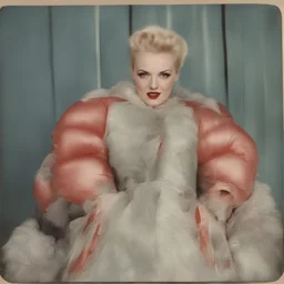 Actress betty grable , red, autochrome, plastic puffy jacket
