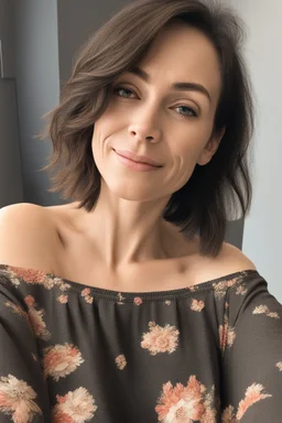 A selfie of a brunette woman, middle short hair taken after massage at spa salon. showing attractive 37-year-old European woman. She has white skin, tousled black hair, pretty face without makeup, big round brown eyes, cute profiled nose, detailed full lips, skin texture.