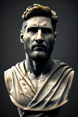 Ultra Realistic image, roman sculpture, white marble material, Lionel Messi, gold winner Laurel crown, miguel angel style, chisel style, emperor, waist up portrait, epic, celestial style, cinematic lighting, God light, god rays, 4k resolution, smooth details, ornate details, soft lighting, unreal engine 5, sky and clouds background.