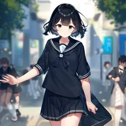 Clear focus, High resolution, short black hair, black eyes, wearing a sailor uniform, rough line, frowning, chopped bangs, fluffy hair, long white socks