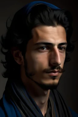 A young man at the age of twenty-five, his features are Arab, sharp and gentle, a little from the pre-Islamic era. His hair is silky black, not long, and his eyes are blue.