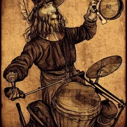 leonardo da vinci, crazy, playing drums, steampunk, art nouveau, art renaissance