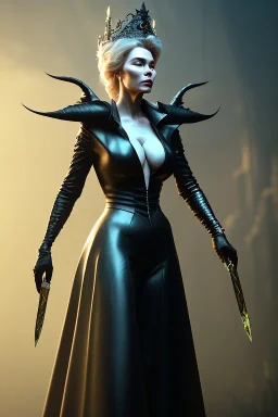 Hannah Waddingham as evil queen in black leather gown, busty, cleavage, voluptous, rebecca Welton, angry, stern look. character design by cory loftis, fenghua zhong, ryohei hase, ismail inceoglu and ruan jia. unreal engine 5, artistic lighting, highly detailed, photorealistic, fantasy