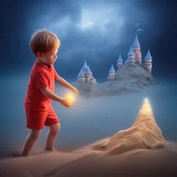 ghost of a child playing by himself with a castle of sand at the beach near a starfish