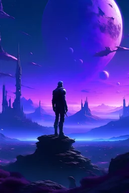 Unknown universe with purple as theme, have one man standing on top, more like anime world modern but with nature