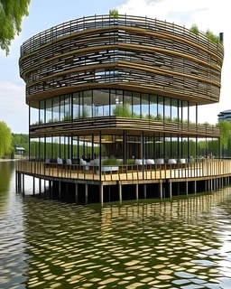 extreme restaurant with sustainable design, one level, located in a lake, it must make people feel intrigued to go into that restaurant