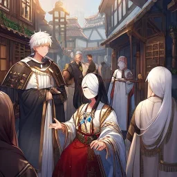 White haired girl with blindfold wearing white robes. Boy with black hair in peasant clothes. Background medieval market