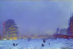 cyberpunk buildings near the frozen lake, winter, tendency to science fiction, realistic vision, konstantin korovin and claude monet painting