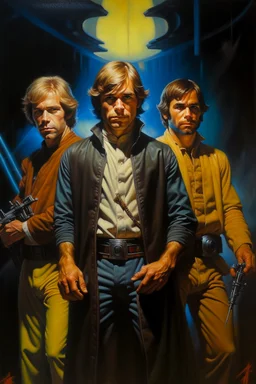 1970's dark fantasy cover dnd style oil painting of luke skywalker, obi-wan kenobi and han solo wearing sport outfits with minimalist far perspective