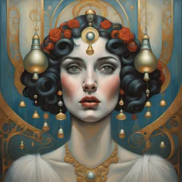 Grande peinture en couleur d'un visage de femme avec des cloches sur un mur, l'esprit de Klimt et Tom Bagshaw, ce tableau est une grande toile, art déco réaliste, grand tableau, Mark Brooks et Brad Kunkel, beauté d'une femme dans l'art nouveau, art élégant, art nouveau hyperréaliste, grand art sur toile, Women Art, par John Keane, Art Déco Painting, Art. Art Déco