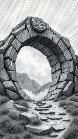 A depressing image of pattera in Jordan sad and emotional thought-provoking image of A rocky portal of a strange ring with strange symbols on it , the world of gray. those in the grayscale. Those beyond the portal in the color world are living and joyful.a stormy wether in the. Background in fine lines draw