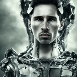 lionel messi champion perfect face and portrait post-apocalypse perfect cyborgs in a footbal stadium, sci-fi fantasy style, 8k,dark