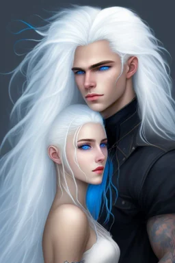 A beautiful young woman with white hair and blue eyes, her arms pinned above her head by a man with very long black hair.