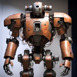 trash mech suit, human-sized, made of scrap metal, cockpit in chest cavity, light rust, round, loose wires, escape hatch