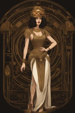 Full Body, Art Nouveau Woman With A Bob With A Fringe Hairstyle, Cleopatra Clothing, Steampunk, Black Background